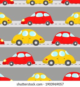 Seamless pattern with cute cars on blue background. Cartoot transport. Vector illustration. Doodle style. Design for baby print, invitation, poster, card, fabric, textile.