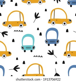 Seamless pattern with cute cars on white background. Vacation travel concept. Vector illustration for kids. Perfect for kids fabric, textile, nursery wallpaper.