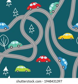 Seamless pattern with cute cars on blue background. Cartoot transport. Vector illustration. Doodle style. Design for baby print, invitation, poster, card, fabric, textile.
