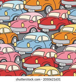 Seamless pattern of cute cars on gray background.Image for wallpaper,banner,card,kid cloth,paper gift wrap.Cartoon design.Repeat.Hand drawn.Vector.Illustration.