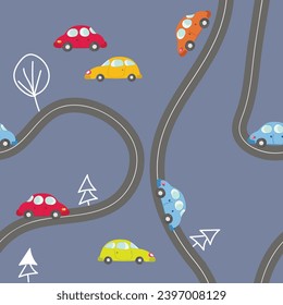 Seamless pattern with cute cars on blue background. Cartoot transport. Vector illustration. Doodle style. Design for baby print, invitation, poster, card, fabric, textile.