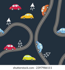 Seamless pattern with cute cars on blue background. Cartoot transport. Vector illustration. Doodle style. Design for baby print, invitation, poster, card, fabric, textile.