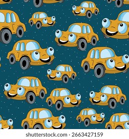 Patrón inconsútil con los coches lindos en el fondo del color. Transporte de caricaturas. Ilustración vectorial. Estilo Doodle. Diseño para la impresión del bebé, invitación, cartel, tarjeta, tela, materia textil.