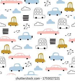 Seamless pattern of cute cars. Pink, blue cars. Children's vector background. Printing on a poster, postcard, clothing, fabrics, textiles.