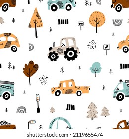 Seamless pattern with cute cars, tractor and trees. Funny transport. Cartoon vector set in scandinavian style.  Simple childish style for kids Delicate cute texture. All elements are hidden under mask