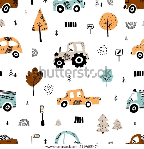 Seamless pattern with cute cars, tractor and trees.\
Funny transport. Cartoon vector set in scandinavian style.  Simple\
childish style for kids Delicate cute texture. All elements are\
hidden under mask