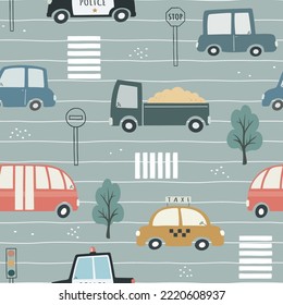 Seamless pattern with cute cars, traffic lights and trees. Can be used for nursery room, textile, wallpaper, packaging, clothing. 