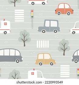 Seamless pattern with cute cars, traffic lights and trees. Can be used for nursery room, textile, wallpaper, packaging, clothing. 