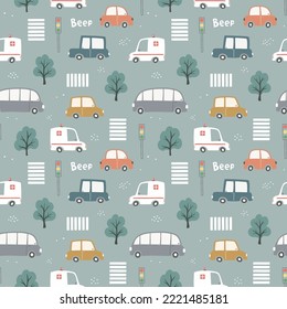 Seamless pattern with cute cars, traffic lights and trees. Can be used for nursery room, textile, wallpaper, packaging, clothing. 