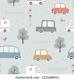 Seamless pattern with cute cars, traffic lights, trees and birds. Can be used for nursery room, textile, wallpaper, packaging, clothing. 