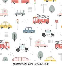 Seamless pattern with cute cars, traffic lights and traffic signs. Can be used for nursery room, textile, wallpaper, packaging, clothing.