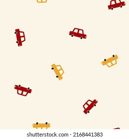 Seamless pattern with cute cars and yellow background. Childish vector illustration with hand drawn automobiles