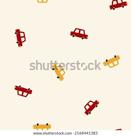 Seamless pattern with cute cars and yellow background. Childish vector illustration with hand drawn automobiles
