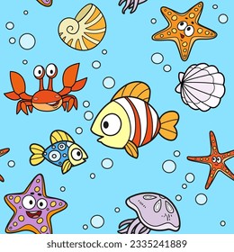 Seamless pattern from cute carton sea inhabitants starfishes, fishes, crab, seashells and jellyfish