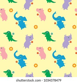 Seamless pattern with cute cartoon african animals.  Crocodile, hippopotamus, rhinoceros, elephant. Vector illustration in childrens style.