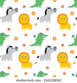Seamless pattern with cute cartoon african animals isolated on white background.  Zebra, parrot, crocodile, lion. Vector illustration in childrens cartoon style.