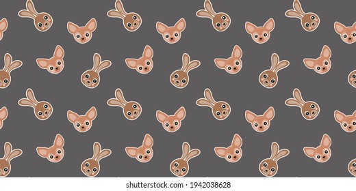 Seamless pattern of cute cartoon African bush hare and fennec foxes faces on a gray background. Vector.