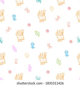 Seamless pattern with cute cartoon alpacas and plants on white background. Wallpaper with funny llamas. Joyful animals and flowers. Herbal print. Vector contour doodle image.