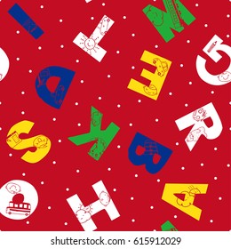 Seamless pattern with cute cartoon and Alphabet. Vector background for kids.