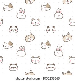 Seamless Pattern of Cute Cartoon Animal Face Design on White Background with Pink Dots