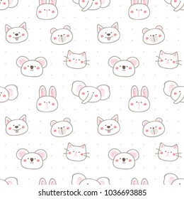 Seamless Pattern of Cute Cartoon Animal Face Design on White Background with Pink Dots