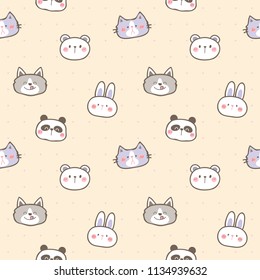 Seamless Pattern of Cute Cartoon Animal Face Design on Yellow Background with Pink Dots