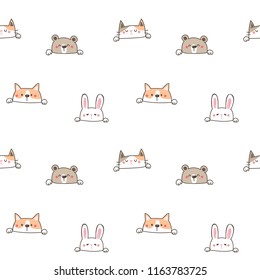 Seamless Pattern of Cute Cartoon Animal Face Design on White Background
