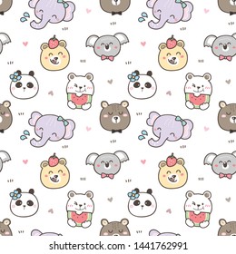 Seamless Pattern with Cute Cartoon Animal Face Design on White Background