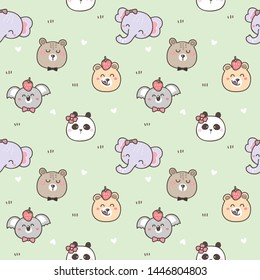 Seamless Pattern of Cute Cartoon Animal Face Design on Green Background