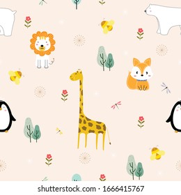 Seamless pattern cute cartoon animal on the background with many animals such as giraffes, lions, fox, design idea used for printing, gift wrapping, children's clothing, textile, vector illustration.