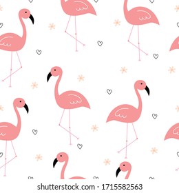 Seamless pattern cute cartoon animal background with pink flamingo and heart icon with hand-drawn flowers Design ideas for publication, textile, vector illustration.
