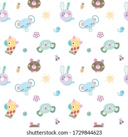 Seamless Pattern of Cute Cartoon Animal Face Design on White Background