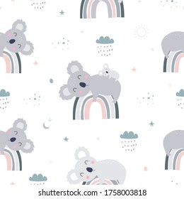 Seamless pattern cute cartoon animal background with koala lying on the rainbow Hand drawn design used for fabric, textiles, vector illustration.