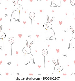 Seamless pattern cute cartoon animal background with a rabbit with heart balloons Hand drawn design in kid style, use for print, wallpaper, decoration, textile. Vector illustration