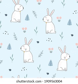Seamless pattern cute cartoon animal background with a white rabbit with flower garden Hand drawn design in kid style, use for print, wallpaper, decoration, textile. Vector illustration