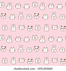 Seamless Pattern with Cute Cartoon Animal Face Design on Pink Background