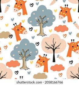 Seamless pattern with cute cartoon animal and plant for fabric print, textile, gift wrapping paper. colorful vector for textile, flat style