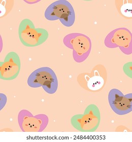 Seamless pattern with cute cartoon animal heads, for fabric prints, textiles, gift wrapping paper. children's colorful vector, flat style