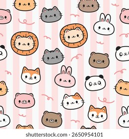 Seamless pattern with cute cartoon animal face on pink striped background, Childish animal head pattern for kids or nursery