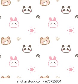 Seamless Pattern of Cute Cartoon Animal Head on White Background