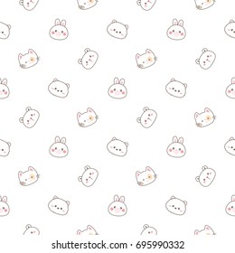 Seamless Pattern of Cute Cartoon Animal Face on White Background