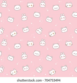 Seamless Pattern of Cute Cartoon Animal Face Design on Pastel Pink Background