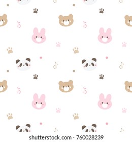 Seamless Pattern of Cute Cartoon Animal Face Design on White Background