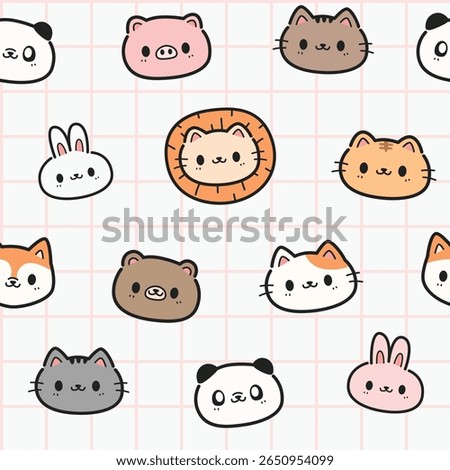 Seamless pattern with cute cartoon animal face on white and pink grid, Childish animal head pattern for kids or nursery