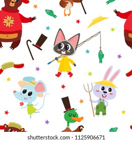 Seamless pattern with cute cartoon animals in costume isolated on white. Vector illustration of animal character used for magazine, children book, textile and card.