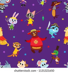 Seamless pattern with cute cartoon animals in costume isolated on violet. Vector illustration of animal character used for magazine, children book, textile and card.