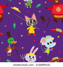Seamless pattern with cute cartoon animals in costume isolated on violet. Vector illustration of animal character used for magazine, children book, textile and card.