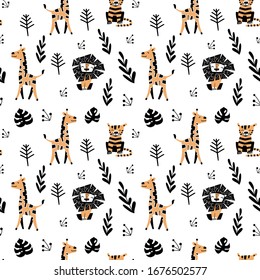 Seamless pattern with cute cartoon animals in simple scandinavian style. Flat vector illustration.