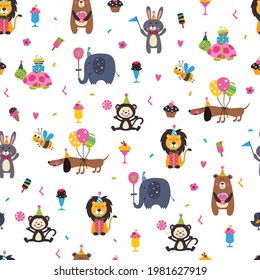 Seamless pattern with cute cartoon animals and decorative elements for Happy Birthday