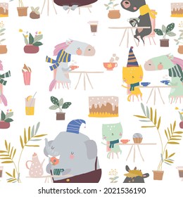 Seamless Pattern of Cute Cartoon Animals sitting in Cafe